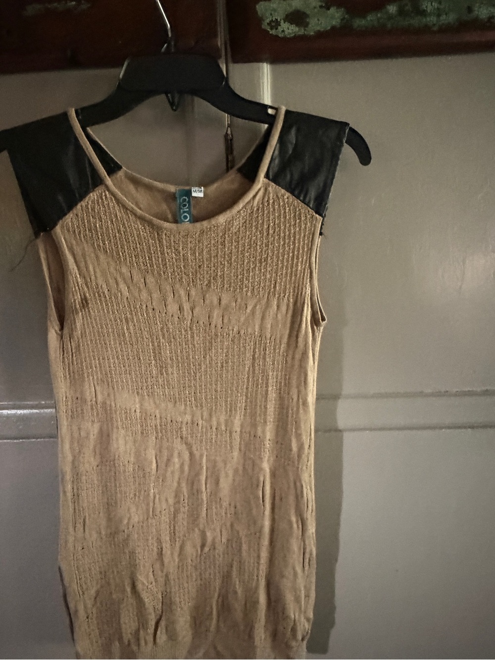 Sleeveless Knit Tank with Faux Leather Shoulders in Tan